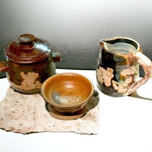 Handmade Multi Colored/Textured Sugar Bowl, Creamer and Jam Bowl (NWOT)